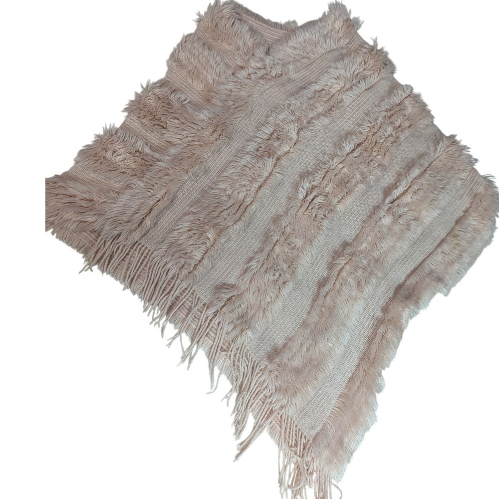 Marc New York Andrew Marc Faux Fur Knit Poncho Fringe Sweater Blush Pink S/M